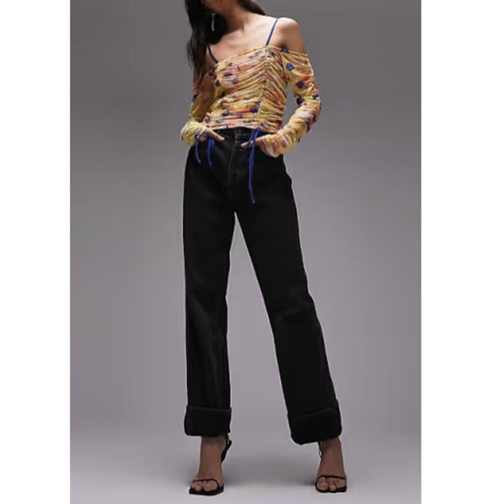 NEW TOPSHOP NORDSTROM Multicolor Printed Long Sleeve Ruched Top Size 4-6